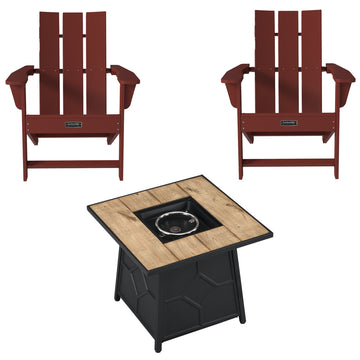 3-Piece HDPE Adirondack Chair Outdoor Meeting Set with Fire Pit Table, 28-inch Square 40,000 BTU Auto-Ignition Propane Gas Firepit with Waterproof Cover