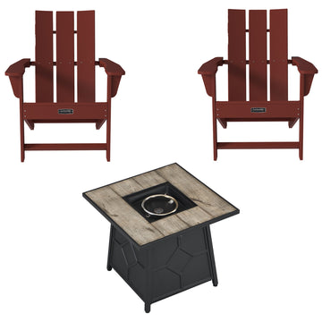 3-Piece HDPE Adirondack Chair Outdoor Meeting Set with 28-inch Square 40,000 BTU Auto-Ignition Propane Gas Firepit with Waterproof Cover