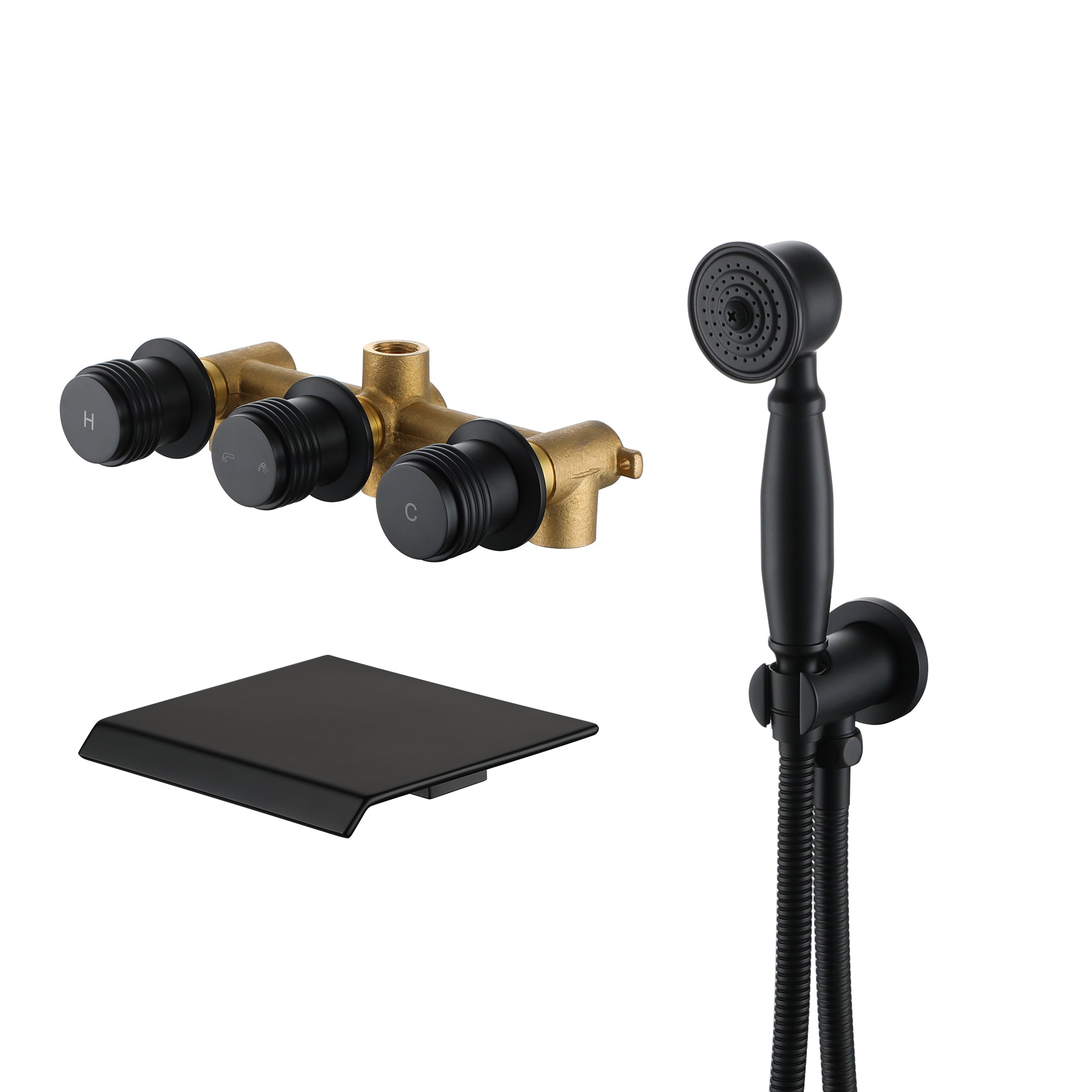 Matte-Black-Wall-Mounted-Bathtub-Faucet--with-Handheld-Shower-Head-Brass-Wall-Mounted-Tub-Waterfall-Spout-Bathtub-Shower-Faucet