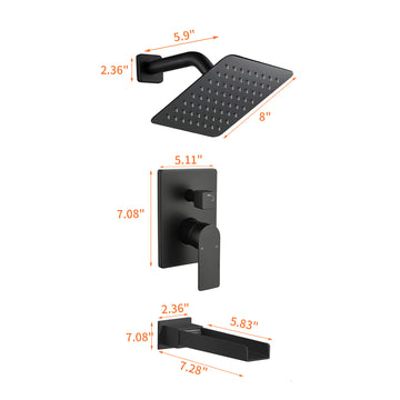 Black Shower Set 8 Inch SUS304 Top Spray Waterfall Spout Dual Water Outlet