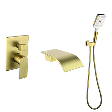 Wall Mount Single Handle 3 Spray Tub and Shower Faucet with Handheld Shower Head in Brushed Gold Valve Included