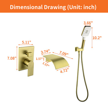 Wall Mount Single Handle 3 Spray Tub and Shower Faucet with Handheld Shower Head in Brushed Gold Valve Included