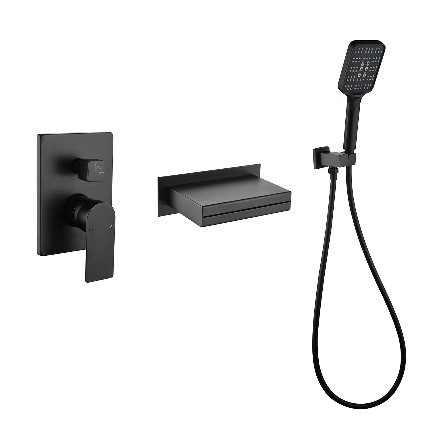 Black Bathtub Faucet 2-Function Brass Pressure Balance Valve 3-Function Hand Shower 1.5m PVC Hose