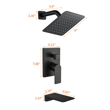 Black Shower Set 2-Function Brass Pressure Balance Valve cUPC 8 Inch SUS304 Top Spray Waterfall Spout Dual Water Outlet