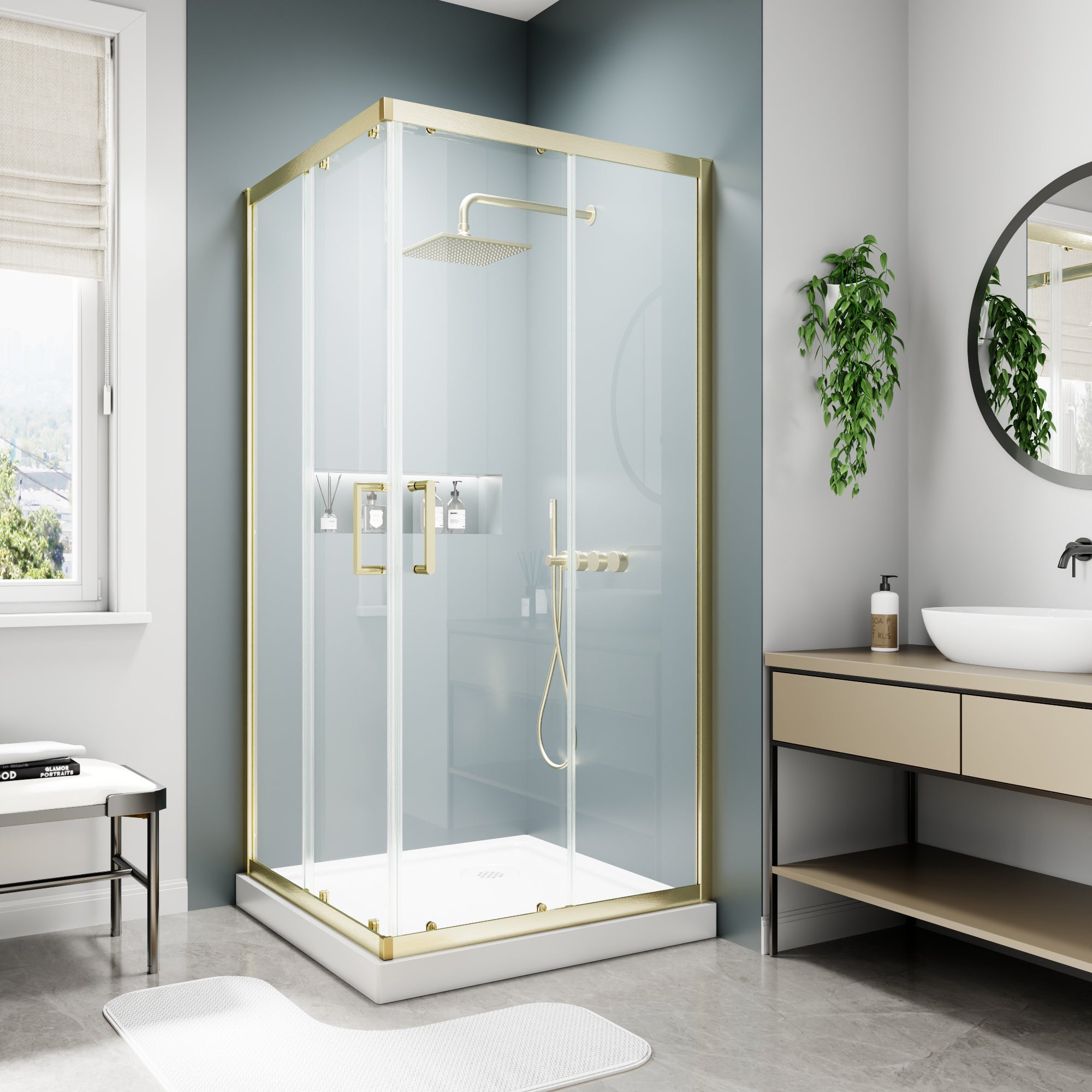36Wx71H Framed Hinged Shower Door 6mm Clear Tempered Glass 304 Stainless Steel Handle Brushed Gold Easy Clean