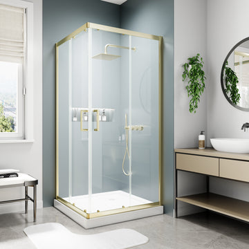 36Wx71H Framed Hinged Shower Door 6mm Clear Tempered Glass 304 Stainless Steel Handle Brushed Gold Easy Clean