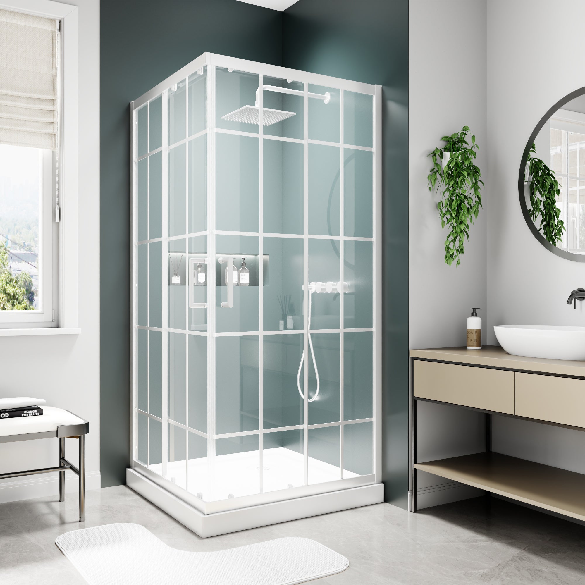 36Wx71H Framed Hinged Shower Door 6mm Clear Tempered Glass 304 Stainless Steel Handle White Easy Clean