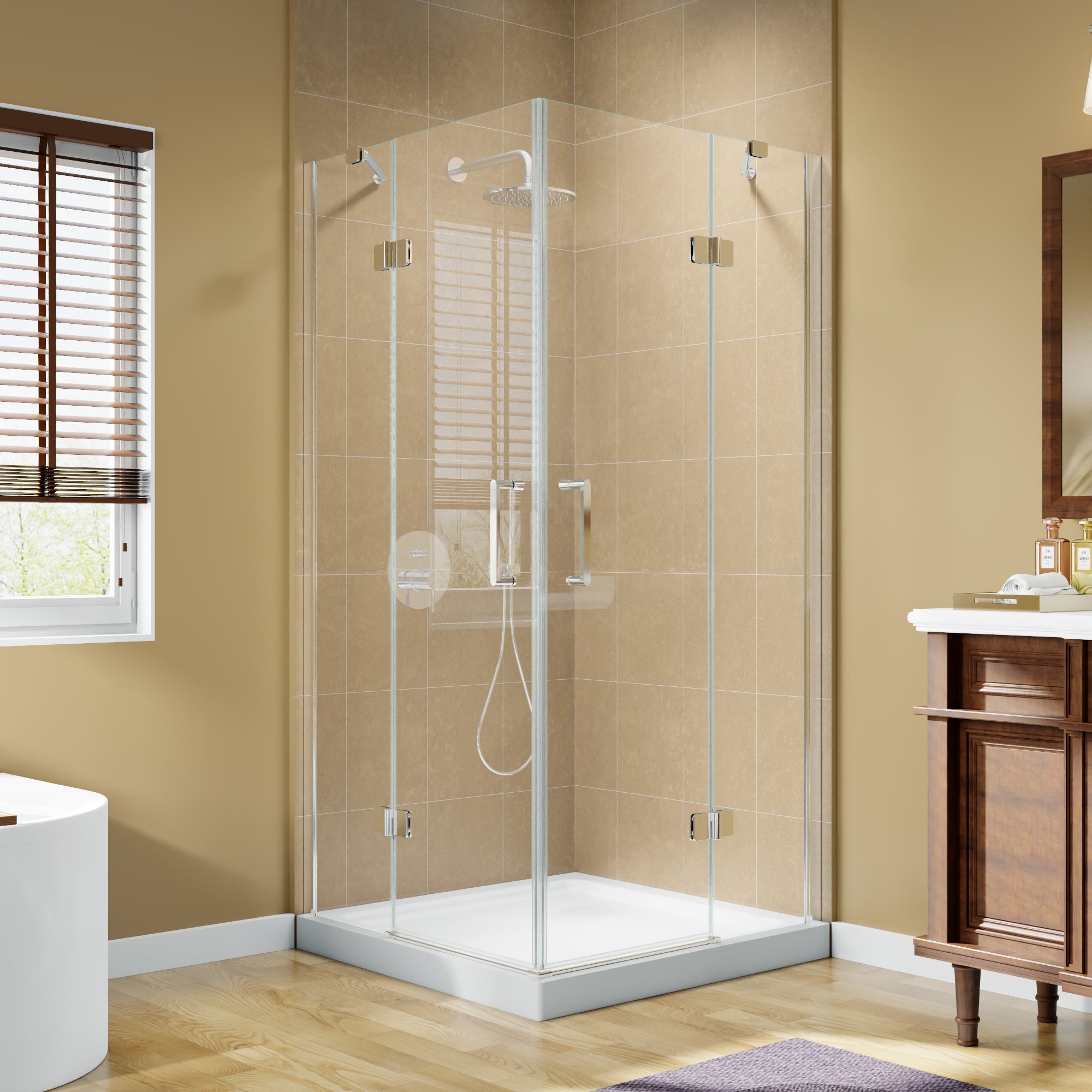 72Hx36W Semi Framed Folding Shower Door SGCC Certified 6mm Clear Tempered Glass Stainless Steel Hinges Adjustable Width 1 Inch Bright Silver Frame