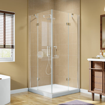 72Hx36W Semi Framed Folding Shower Door SGCC Certified 6mm Clear Tempered Glass Stainless Steel Hinges Adjustable Width 1 Inch Bright Silver Frame
