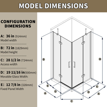 72Hx36W Semi Framed Folding Shower Door SGCC Certified 6mm Clear Tempered Glass Stainless Steel Hinges Adjustable Width 1 Inch Bright Silver Frame