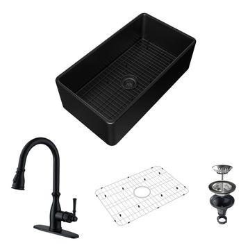 33-Inch Striped Farmhouse Apron Front Reversible Fireclay Single Sink with Drain Grid and Kitchen Faucet