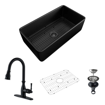 33-Inch Farmhouse Apron Front Fireclay Single Sink with Drain Grid and Kitchen Faucet