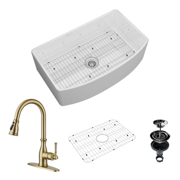 33-Inch Curved Glossy Apron Front Fireclay Single Sink Reversible with Drain Grid and Kitchen Faucet