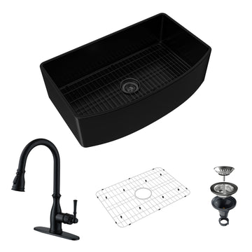 33-Inch Curved Glossy Apron Front Fireclay Single Sink Reversible with Drain Grid and Kitchen Faucet