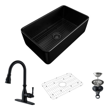 30-Inch Farmhouse Apron Front Fireclay Single Sink with Drain Grid and Kitchen Faucet