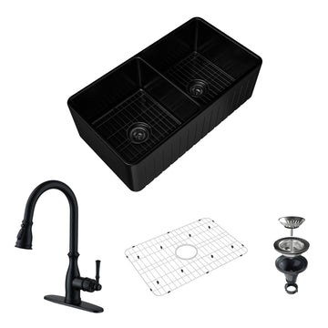 33-Inch Striped Farmhouse Apron Front Reversible Fireclay Double Sink with Drain Grid and Kitchen Faucet