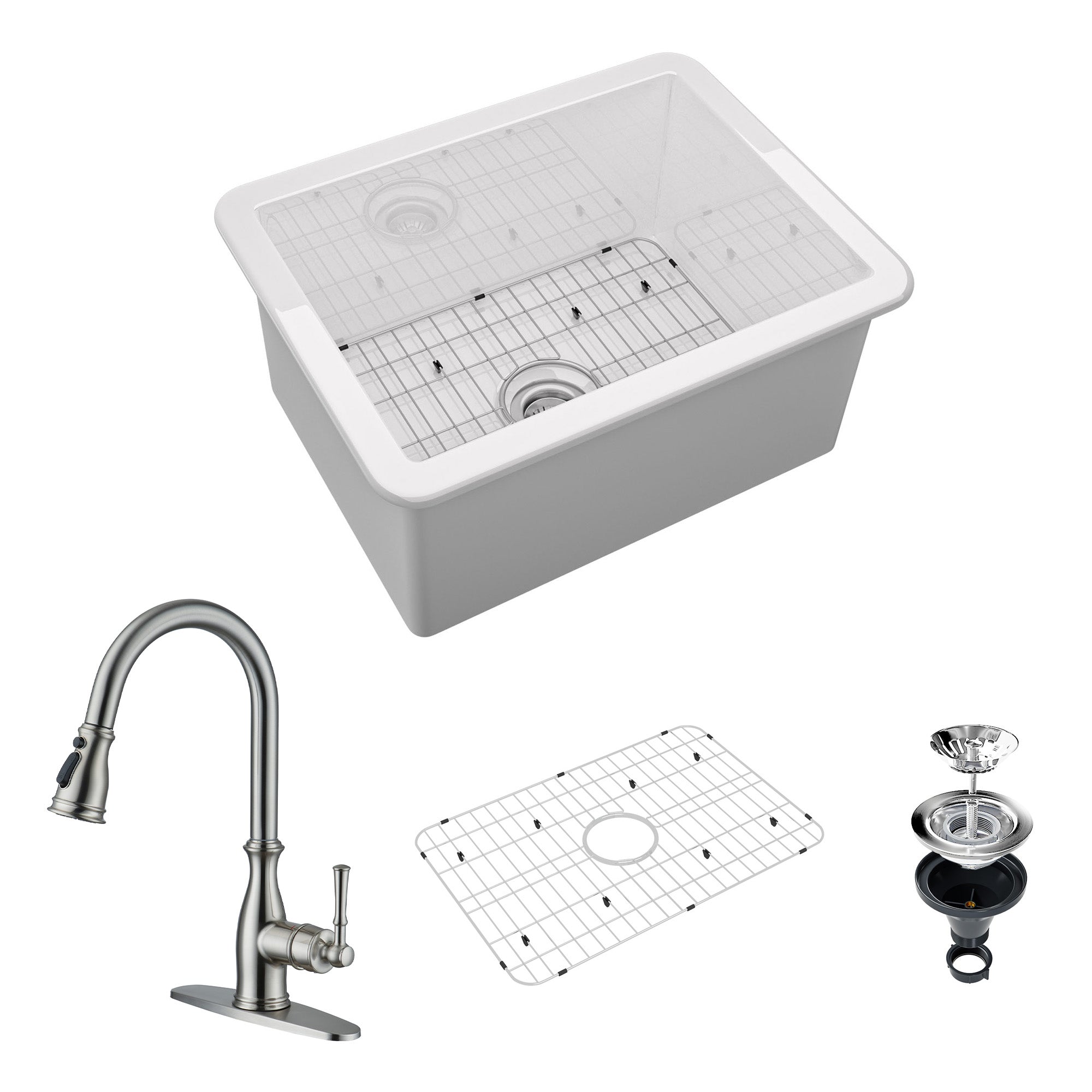 24-Inch Gloss Undermount Single Sink Fireclay Kitchen Sink with Drain Grid and Kitchen Faucet
