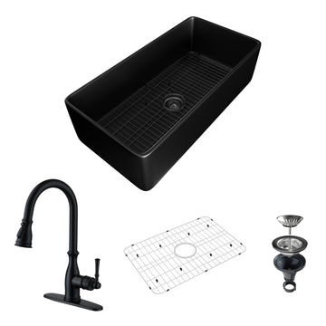 36-Inch Farmhouse Apron Front Fireclay Single Sink with Drain Grid and Kitchen Faucet