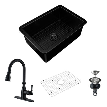 32-Inch Gloss Undermount Single Sink Fireclay Kitchen Sink with Drain Grid and Kitchen Faucet