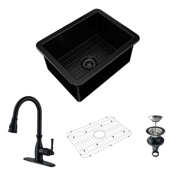 24-Inch Gloss Undermount Single Sink Fireclay Kitchen Sink with Drain Grid and Kitchen Faucet