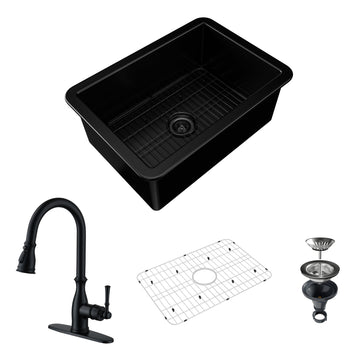 27-Inch Gloss Undermount Single Sink Fireclay Kitchen Sink with Drain Grid and Kitchen Faucet