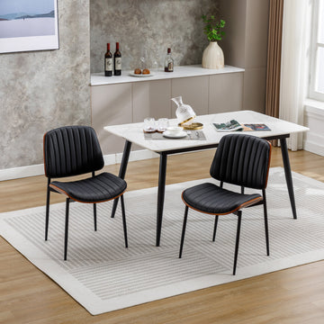 Dining Chairs Set of 2 Mid Century Modern Retro Faux Leather Chair with Bentwood Upholstered Seat Metal Legs Adjustable Foot for Kitchen Dining Room Chairs(BLACK)