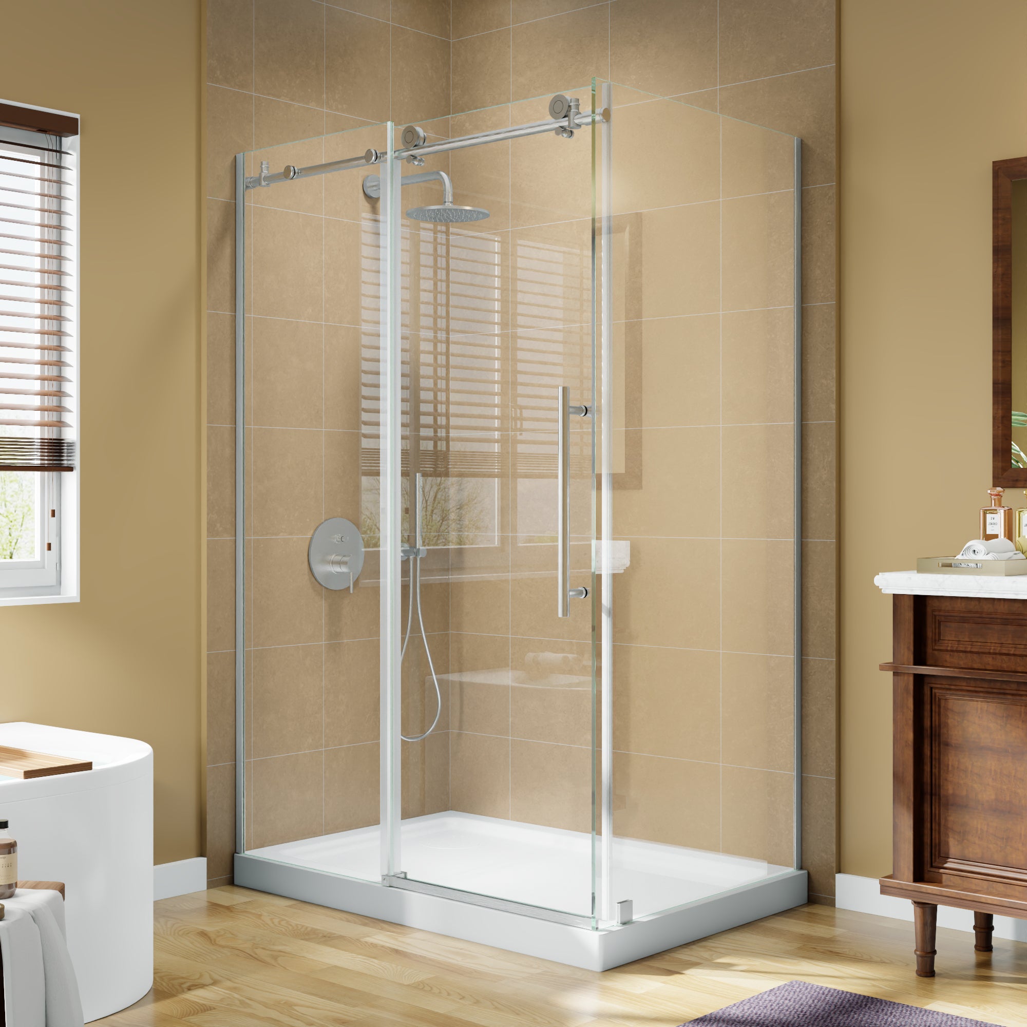 48Wx72H Frameless Single Sliding Shower Door Enclosure Aluminum and 38 inch Tempered Glass Brushed Nickel Smooth Roller System SGCC ANSI Certified