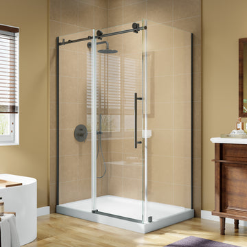 48Wx72H Frameless Single Sliding Shower Door Aluminum and 38 inch Tempered Glass Matte Black Roller System SGCC ANSI Certified