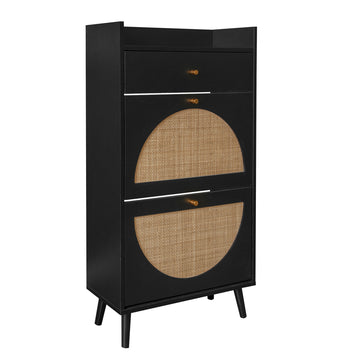Freestanding Modern Shoe Storage Cabinet 3 Metal Rattan Door Shoe Rack Shoe Cabinet with 3 Flip Drawers for Entryway Living Room, Black