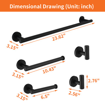 5 Piece Bath Hardware Set with Towel Hooks Towel Bar Toilet Paper Holder and Hand Towel Holder in Matte Black