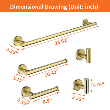 5 Piece Bath Hardware Set with Towel Hooks Towel Bar Toilet Paper Holder and Hand Towel Holder in Brushed Gold