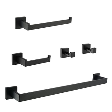 5 Piece Bath Hardware Set with Towel Hooks Towel Bar Toilet Paper Holder and Hand Towel Holder in Matte Black