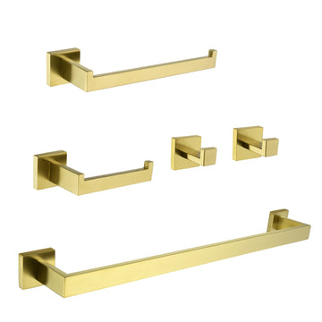 5 Piece Bath Hardware Set with Towel Hooks Towel Bar Toilet Paper Holder and Hand Towel Holder in Brushed Gold