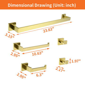 5 Piece Bath Hardware Set with Towel Hooks Towel Bar Toilet Paper Holder and Hand Towel Holder in Brushed Gold