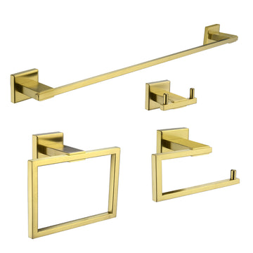 4 Piece Bath Hardware Set with Towel Hook Towel Bar Toilet Paper Holder and Hand Towel Holder in Brushed Gold