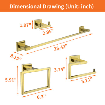 4 Piece Bath Hardware Set with Towel Hook Towel Bar Toilet Paper Holder and Hand Towel Holder in Brushed Gold