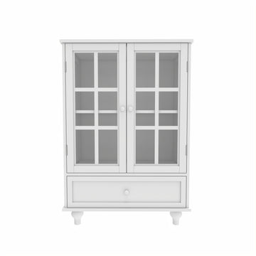 Minimalist White Buffet Cabinet with Double Glass Doors and Drawer, Modern Wooden Storage Sideboard Cupboard for Living room, Dining Room Hallway Entryway