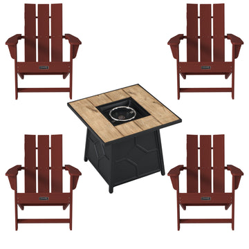 5-Piece HDPE Adirondack Chair Outdoor Meeting Set with Fire Pit Table, 28-inch Square 40,000 BTU Auto-Ignition Propane Gas Firepit with Waterproof Cover