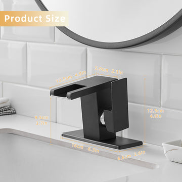 Single Handle Single Hole Bathroom Faucet Matte Black with Deck Plate LED Temperature Sensor Waterfall Spout