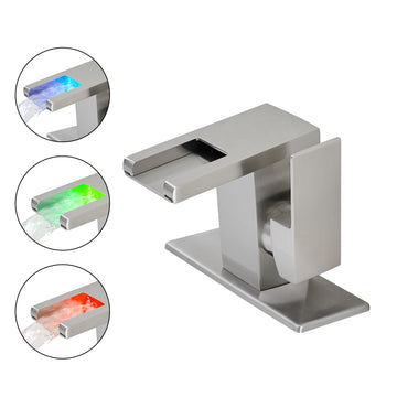 Single Handle Single Hole Bathroom Faucet Brushed Nickel with Deck Plate LED Temperature Sensor Waterfall Spout