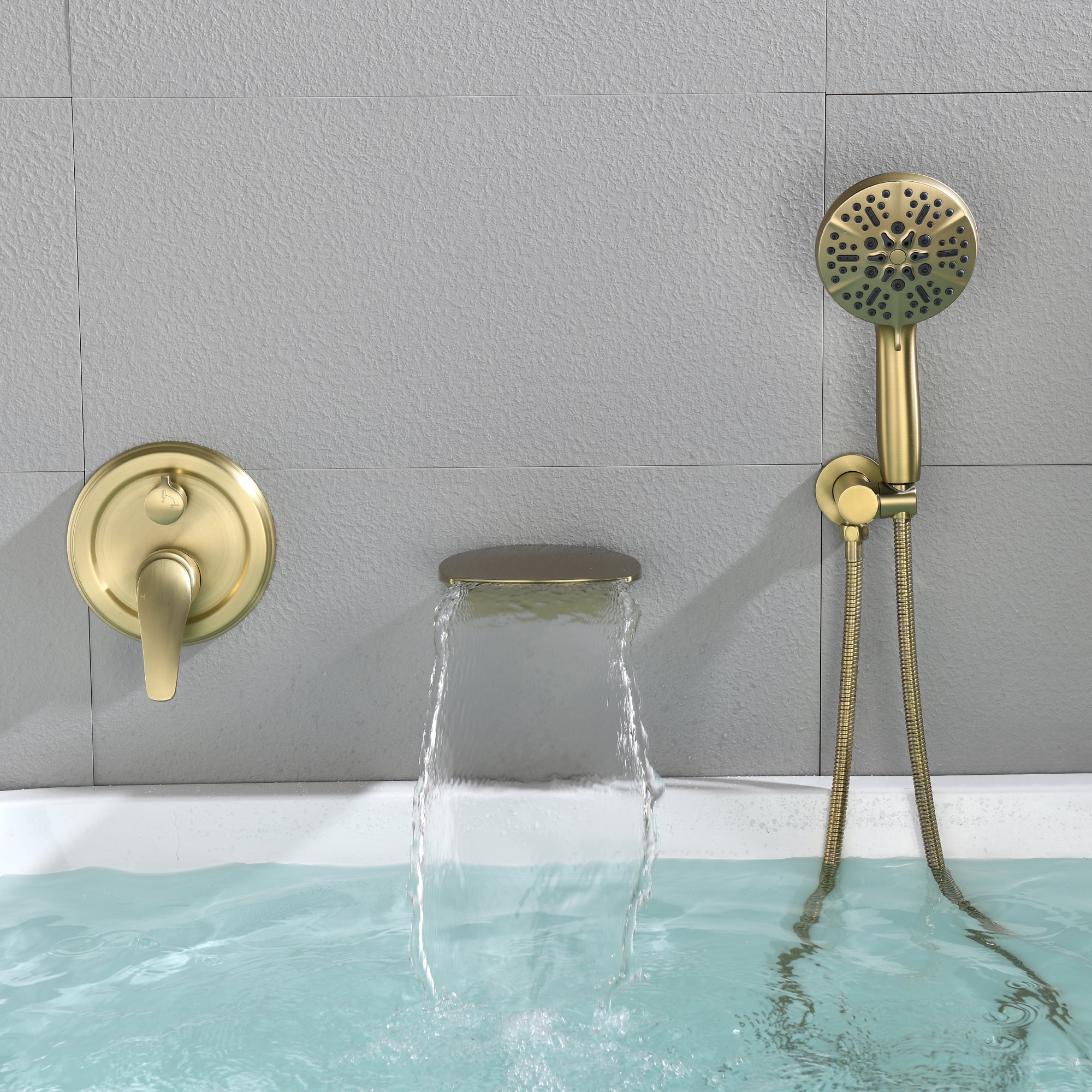 Wall Mount Single Handle 7 Spray Tub and Shower Faucet with Handheld Shower Head in Brushed Gold Valve Included