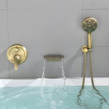 Wall Mount Single Handle 7 Spray Tub and Shower Faucet with Handheld Shower Head in Brushed Gold Valve Included