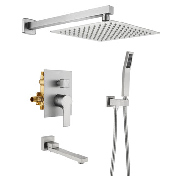 Wall Mount Single Handle 1 Spray Tub and Shower Faucet with Fixed Shower in Brushed Nickel 10 Inch Valve Included