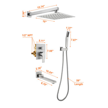 Wall Mount Single Handle 1 Spray Tub and Shower Faucet with Fixed Shower in Brushed Nickel 10 Inch Valve Included