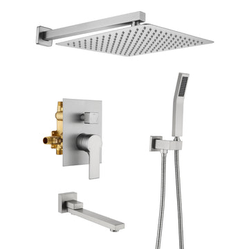Wall Mount Single Handle 1 Spray Tub and Shower Faucet with Fixed Shower in Brushed Nickel 12 Inch Valve Included