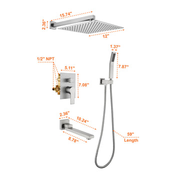 Wall Mount Single Handle 1 Spray Tub and Shower Faucet with Fixed Shower in Brushed Nickel 12 Inch Valve Included