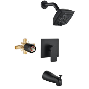 Black Brass Shower Faucet Set Pressure Balance Valve 5-Function ABS Top Spray Lift-Up Spout 1/2NPT Thread