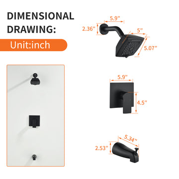 Black Brass Shower Faucet Set Pressure Balance Valve 5-Function ABS Top Spray Lift-Up Spout 1/2NPT Thread