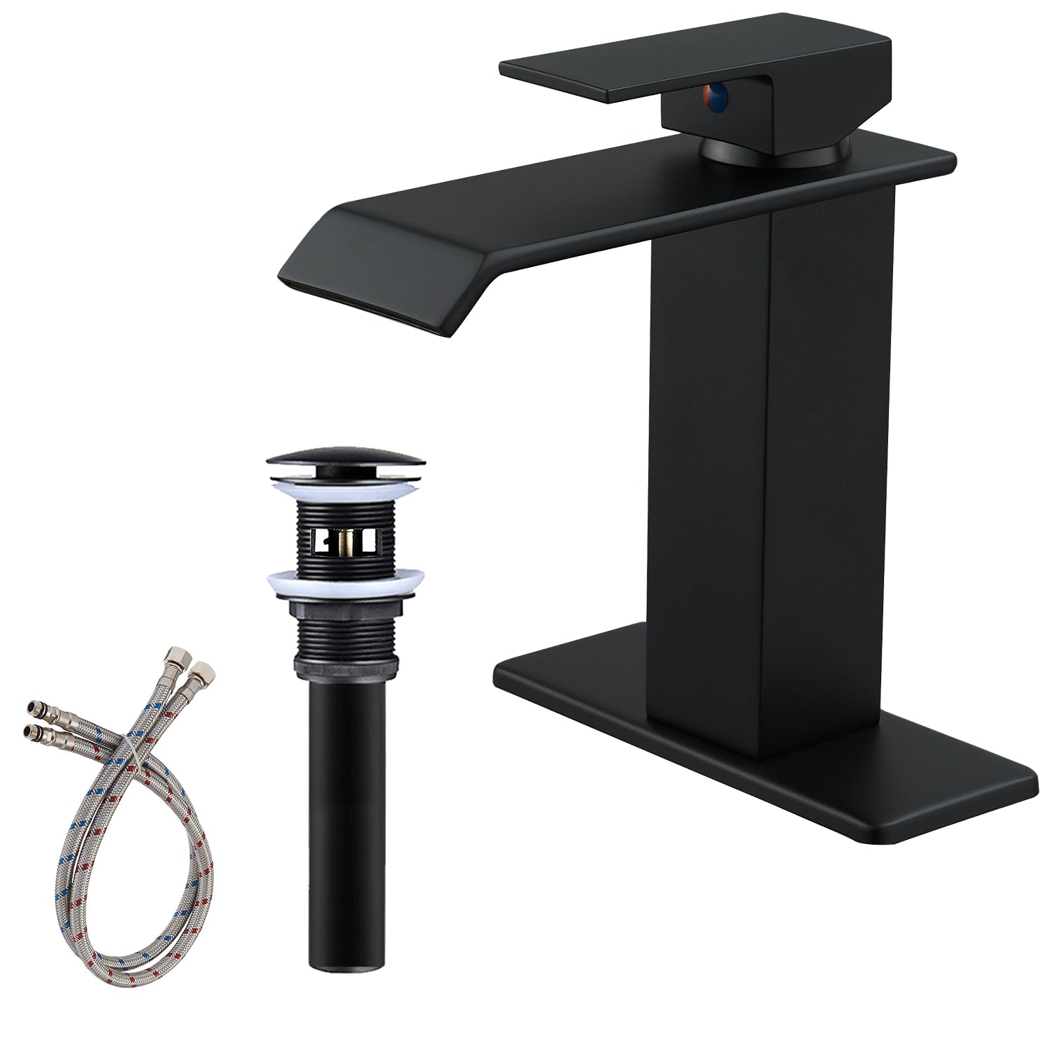 Waterfall Single Hole Single Handle Low Arc Bathroom Faucet with Pop up Drain Assembly in Matte Black