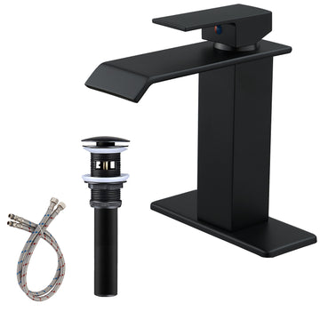 Waterfall Single Hole Single Handle Low Arc Bathroom Faucet with Pop up Drain Assembly in Matte Black